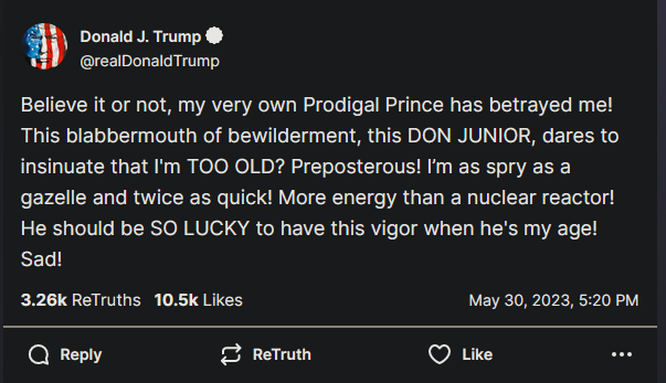 Donald Trump Rebukes Son's Claim, Cites Gazelle-like Speed and Nuclear Energy as Proof of Youth